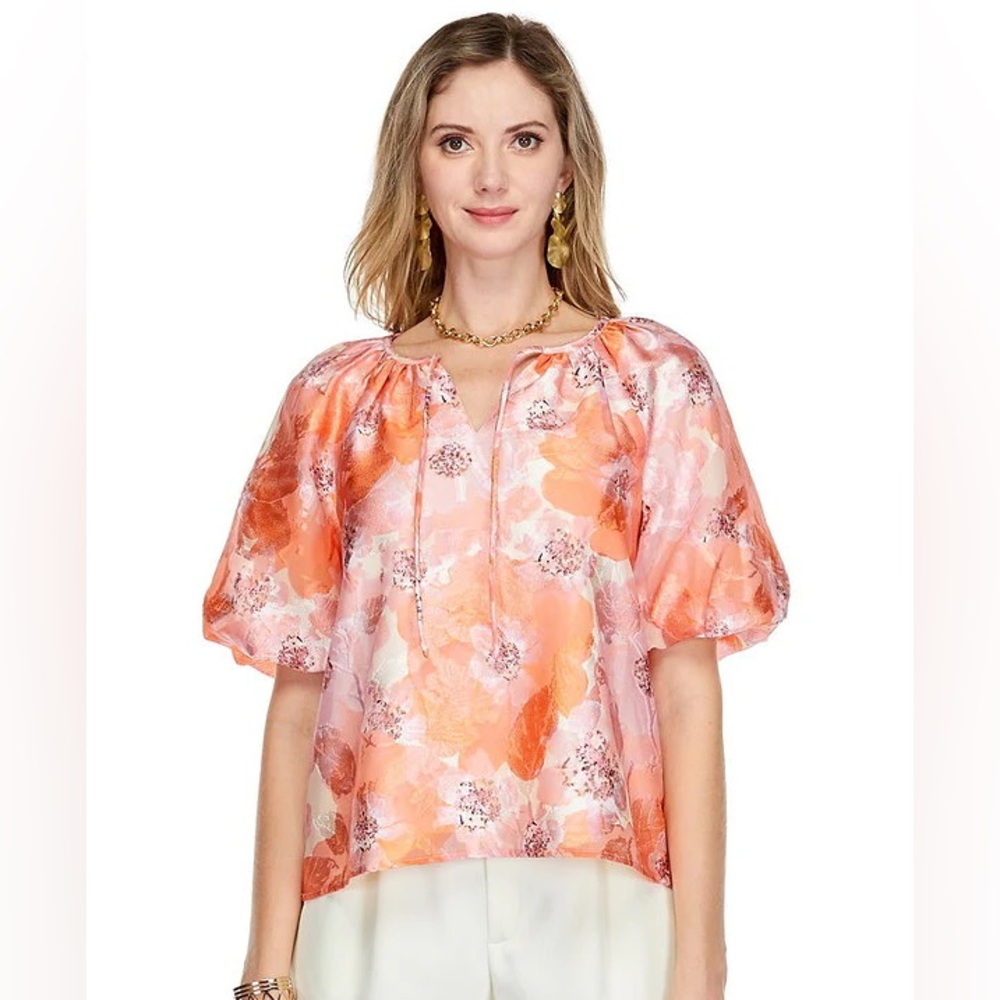 Joie Women’s Floral Blouse Puff Sleeves Orange Floral Pattern Tue front Size M